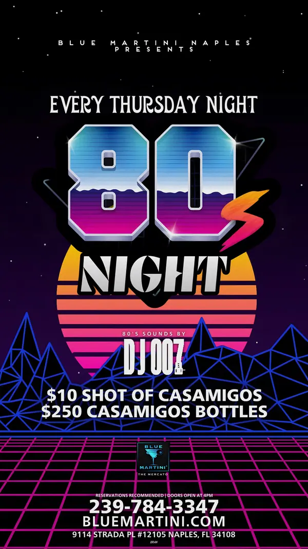 80s Night — Story size artwork designed by Bran Visuals for Blue Martini Naples