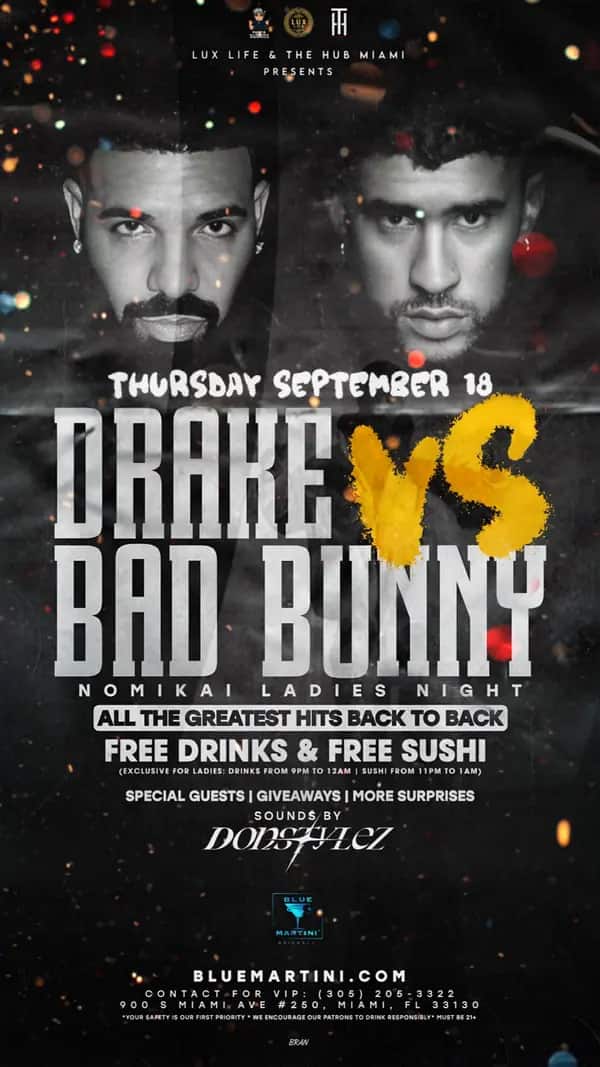 Drake vs Bad Bunny — Motion flyer video still designed by Bran Visuals for Lux Life & The Hub Miami
