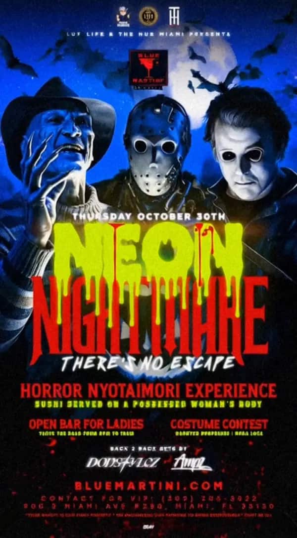 Neon Nightmare — Motion flyer video still designed by Bran Visuals for Lux Life & The Hub Miami