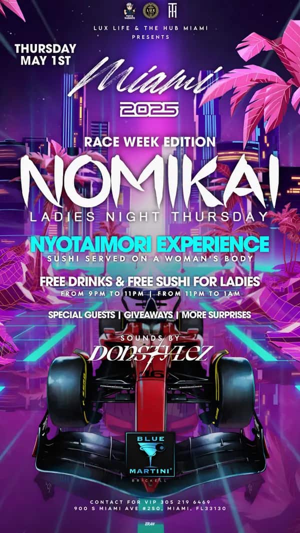 Nomikai — Race Week Edition — Main flyer artwork designed by Bran Visuals for Lux Life & The Hub Miami