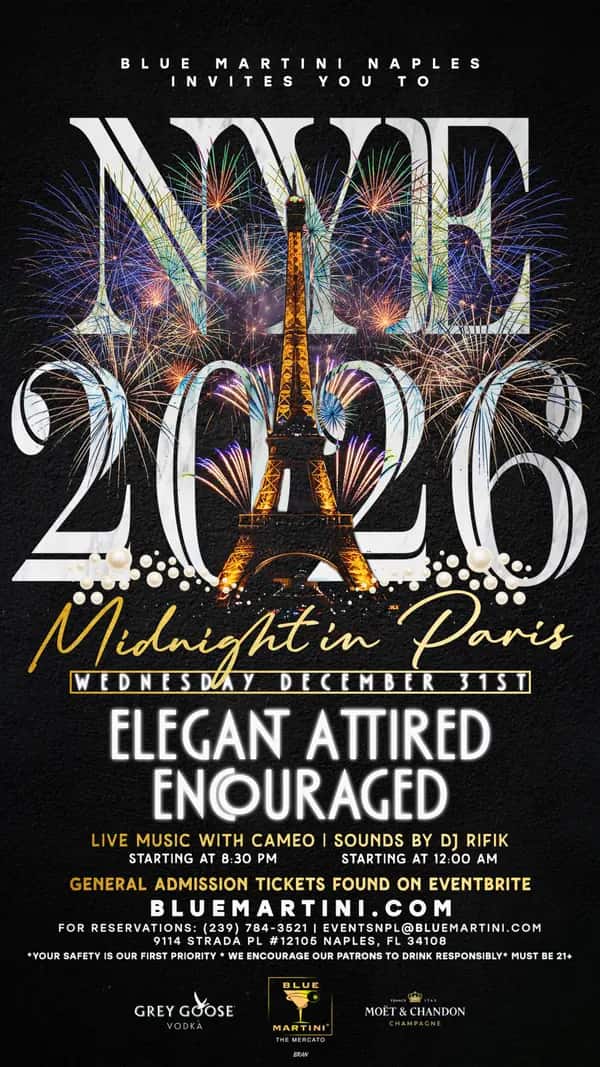 NYE 2026 — Midnight in Paris — Story size artwork designed by Bran Visuals for Blue Martini Naples