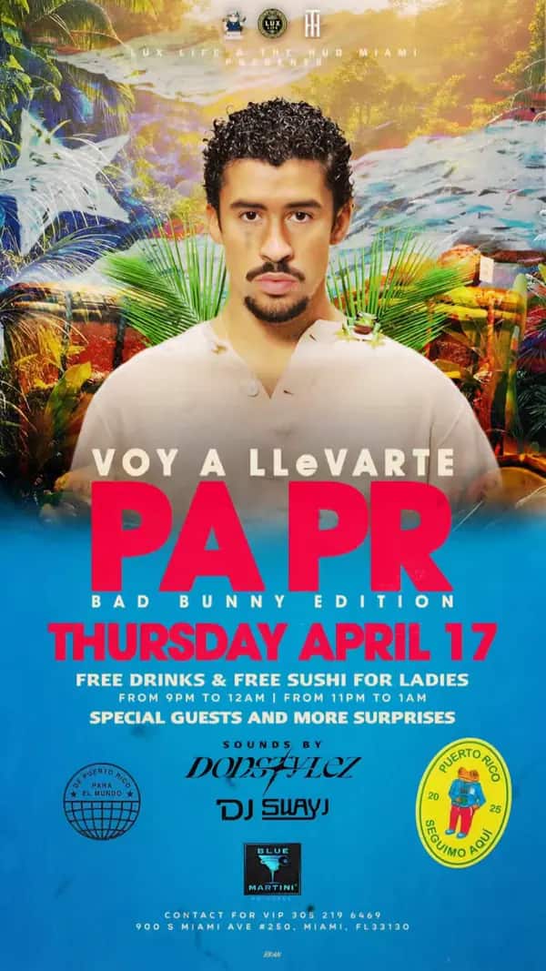 Pa PR — Bad Bunny Edition — Motion flyer video still designed by Bran Visuals for Lux Life & The Hub Miami