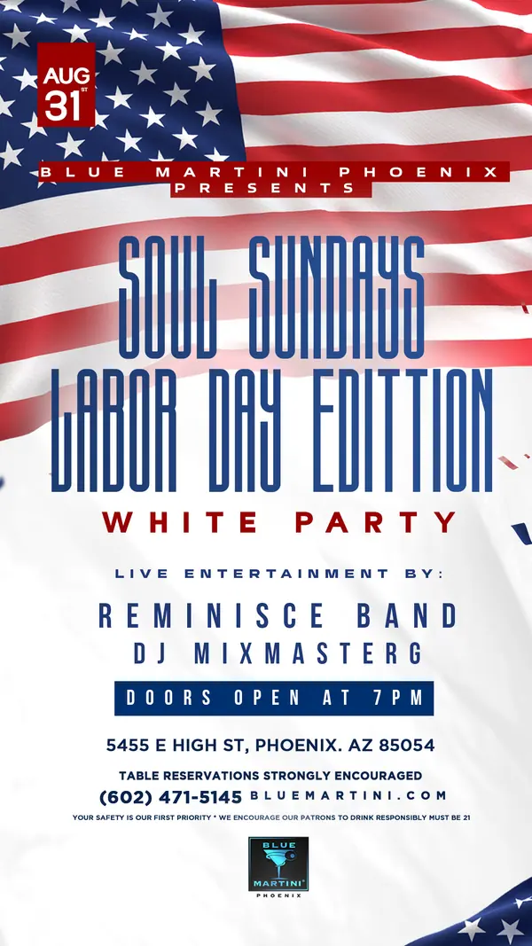 Soul Sundays — Labor Day Edition — Story size artwork designed by Bran Visuals for Blue Martini Phoenix