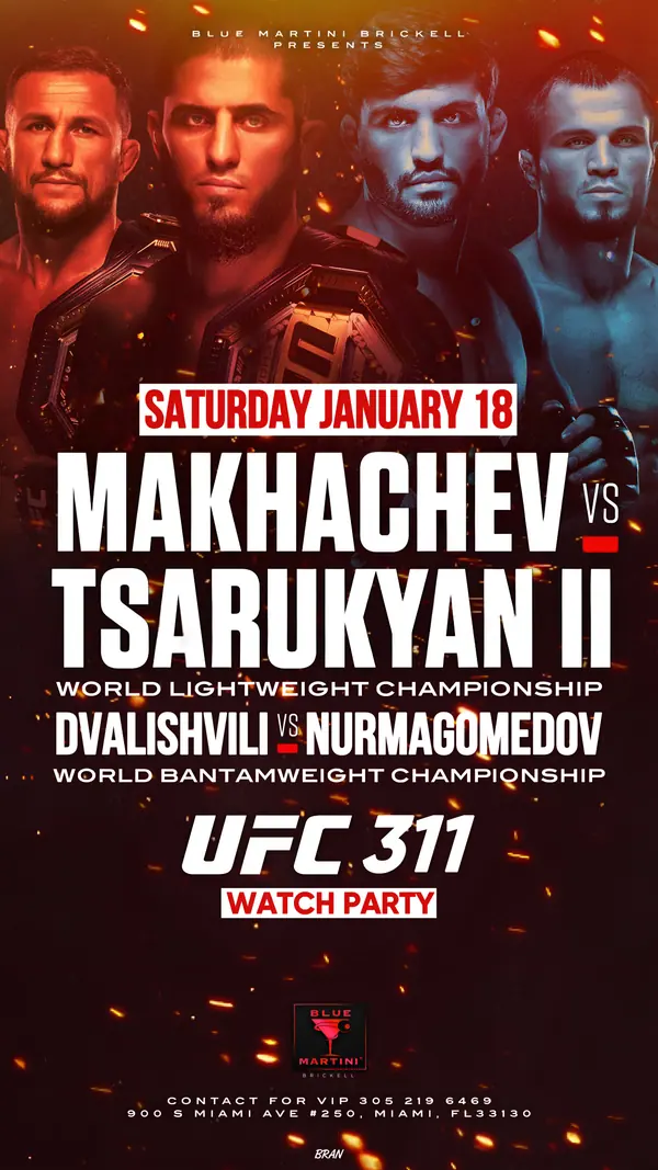 UFC 311 — Makhachev vs Tsarukyan II — Story size artwork designed by Bran Visuals for Blue Martini Brickell