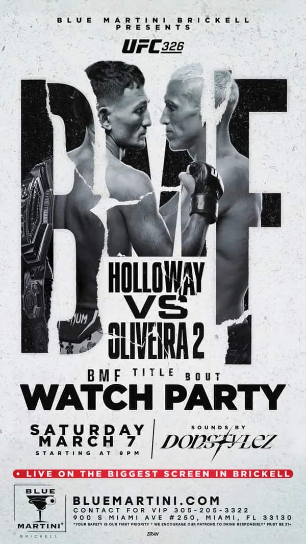 UFC 326 — Holloway vs Oliveira 2 — Story size artwork designed by Bran Visuals for Blue Martini Brickell