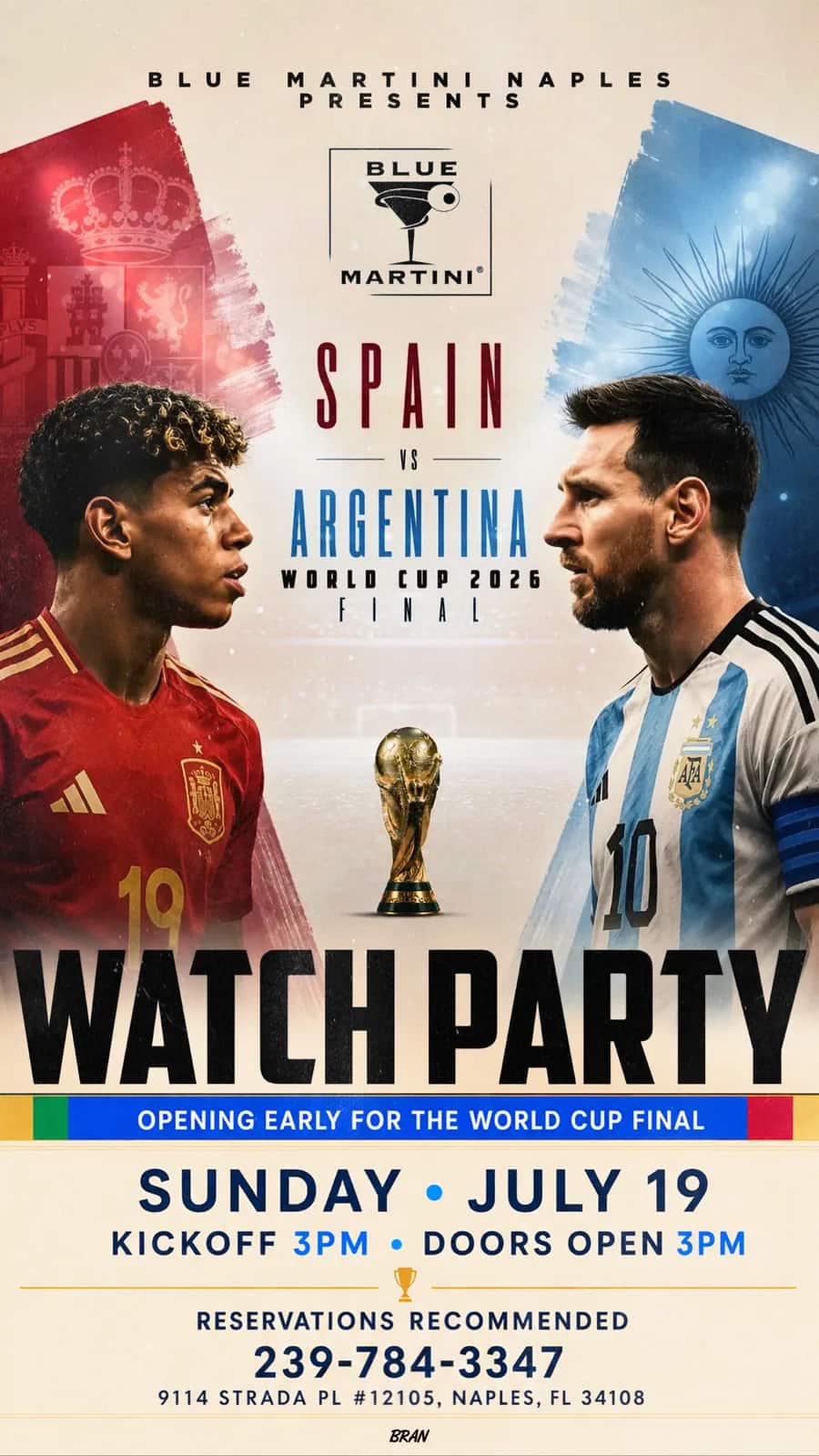 World Cup Final — Spain vs Argentina — Story size artwork designed by Bran Visuals for Blue Martini Naples