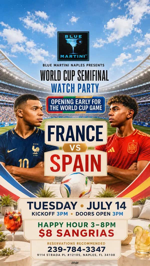 World Cup Semifinal — France vs Spain — Story size artwork designed by Bran Visuals for Blue Martini Naples