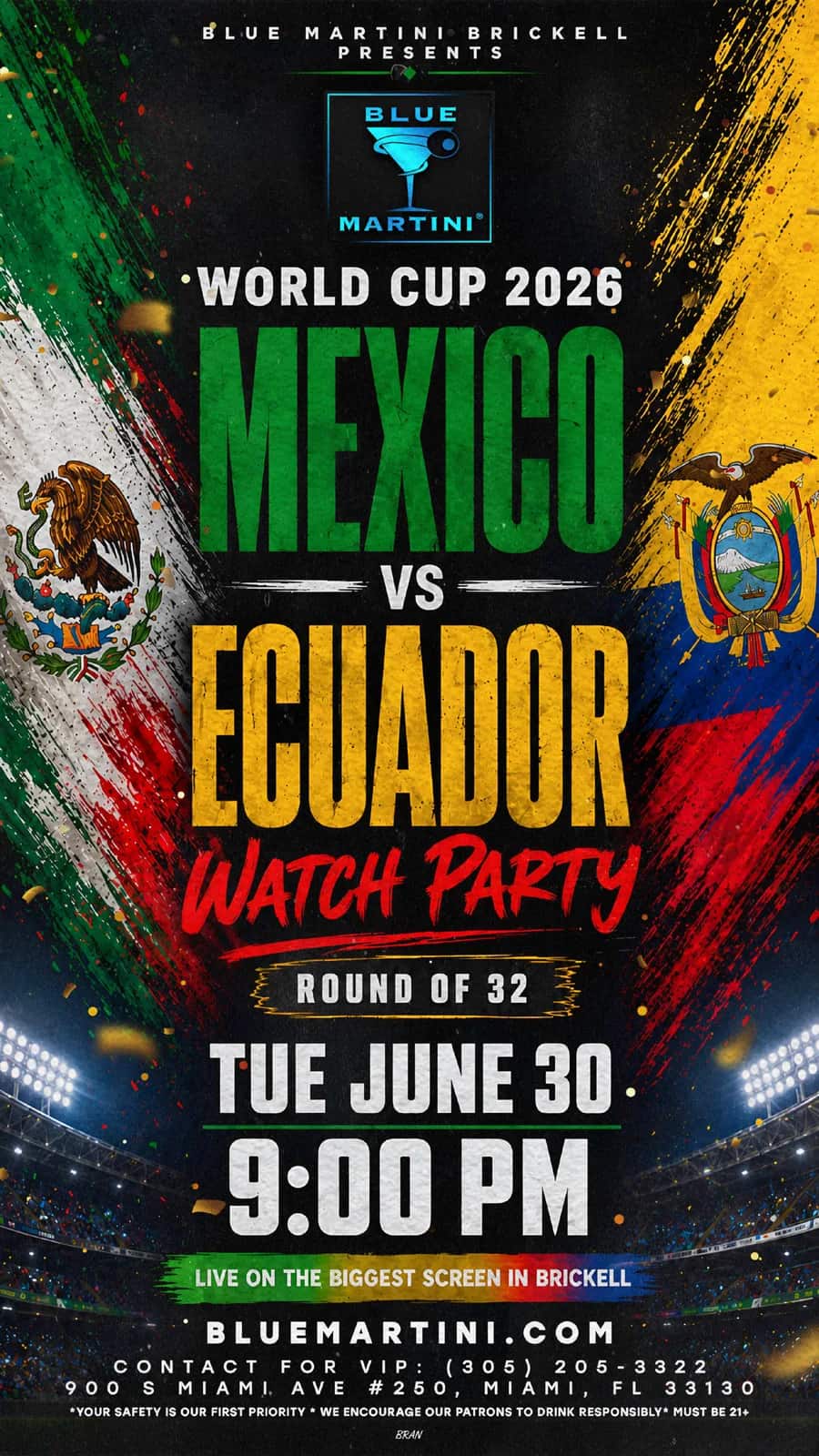World Cup — Mexico vs Ecuador — Story size artwork designed by Bran Visuals for Blue Martini Brickell
