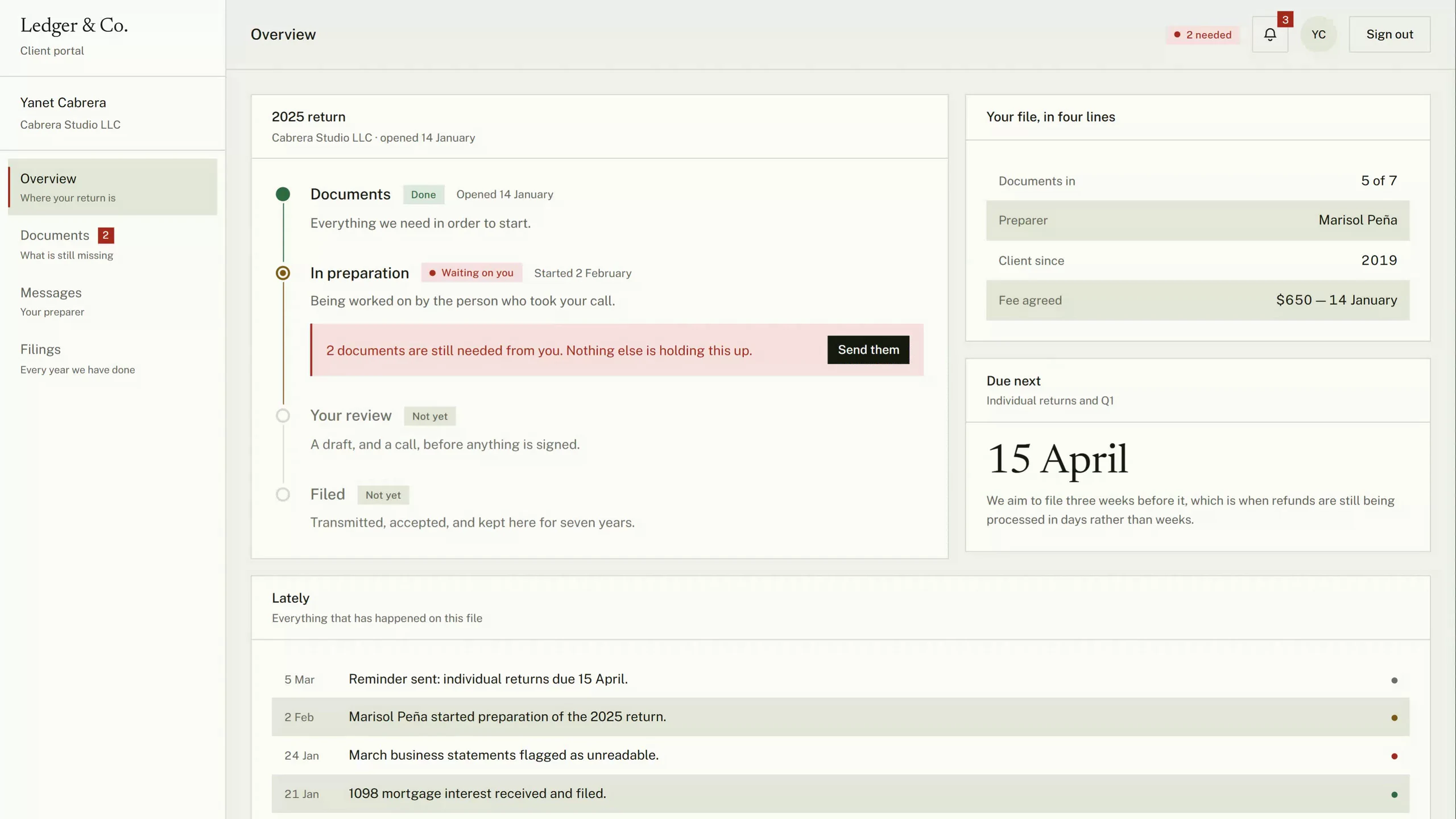 Ledger Portal — A tax practice, behind the login